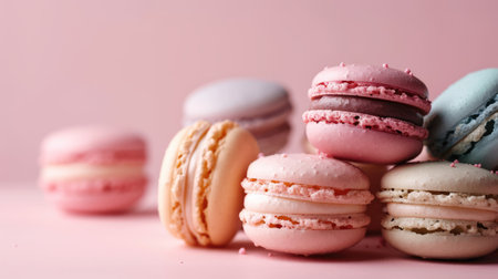 Colorful macarons sweet dessert on pastel background. French cuisine, macaroon bakery conceptの素材