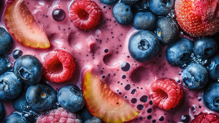 Fresh smoothie texture with berries and fruits. Close up top view of healthy shake background, bannerの素材