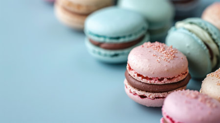Colorful macarons sweet dessert on pastel background with free place for text. French cuisine, macaroon bakery conceptの素材