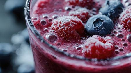 Close up of fresh fruits and berries smoothie in a glass. Healthy food concept background, bannerの素材