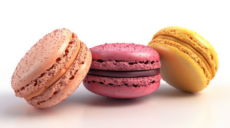 Colorful macarons isolated on white background. French cuisine, macaroon bakery conceptの素材