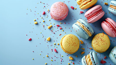 Colorful macarons sweet dessert on pastel background with free place for text. French cuisine, macaroon bakery conceptの素材