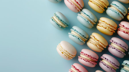Colorful macarons sweet dessert on pastel background with free place for text. French cuisine, macaroon bakery conceptの素材