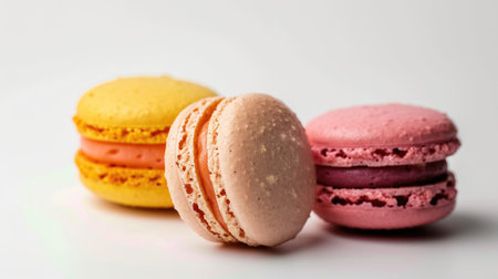 Colorful macarons isolated on white background. French cuisine, macaroon bakery conceptの素材