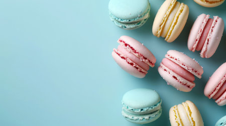 Colorful macarons sweet dessert on pastel background with free place for text. French cuisine, macaroon bakery conceptの素材