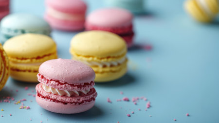 Colorful macarons sweet dessert on pastel background with free place for text. French cuisine, macaroon bakery conceptの素材