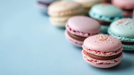 Colorful macarons sweet dessert on pastel background with free place for text. French cuisine, macaroon bakery conceptの素材