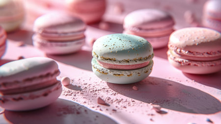 Colorful macarons sweet dessert on pastel background. French cuisine, macaroon bakery conceptの素材