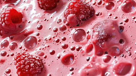 Fresh smoothie texture with berries and fruits. Close up top view of healthy shake background, bannerの素材