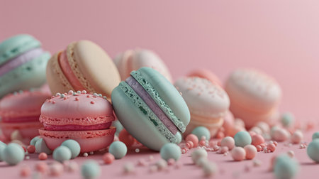 Colorful macarons sweet dessert on pastel background. French cuisine, macaroon bakery conceptの素材