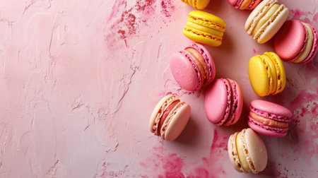 Colorful macarons sweet dessert on pastel background with free place for text. French cuisine, macaroon bakery conceptの素材