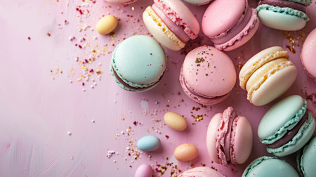 Colorful macarons sweet dessert on pastel background with free place for text. French cuisine, macaroon bakery conceptの素材
