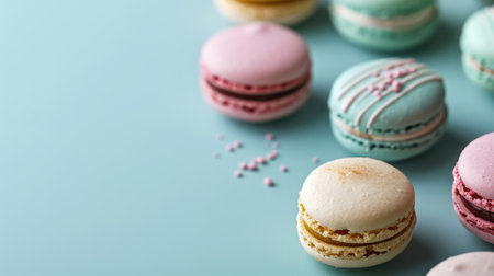 Colorful macarons sweet dessert on pastel background with free place for text. French cuisine, macaroon bakery conceptの素材