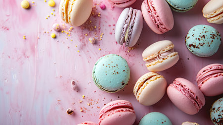 Colorful macarons sweet dessert on pastel background with free place for text. French cuisine, macaroon bakery conceptの素材
