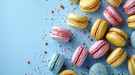 Colorful macarons sweet dessert on pastel background with free place for text. French cuisine, macaroon bakery conceptの素材