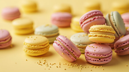 Colorful macarons sweet dessert on pastel background. French cuisine, macaroon bakery conceptの素材