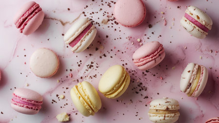Colorful macarons sweet dessert on pastel background. French cuisine, macaroon bakery conceptの素材