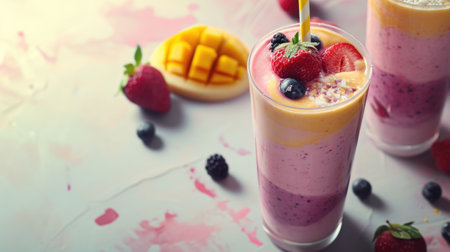 Fresh fruits and berries smoothie in a glass with free place for text. Healthy food concept background, bannerの素材