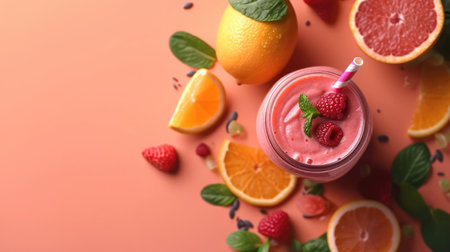 Fresh fruits and berries smoothie in a glass with free place for text. Healthy food concept background, bannerの素材