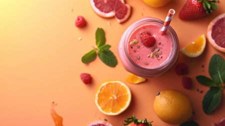 Fresh fruits and berries smoothie in a glass with free place for text. Healthy food concept background, bannerの素材