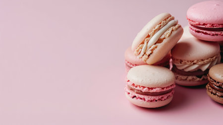 Colorful macarons sweet dessert on pastel background with free place for text. French cuisine, macaroon bakery conceptの素材
