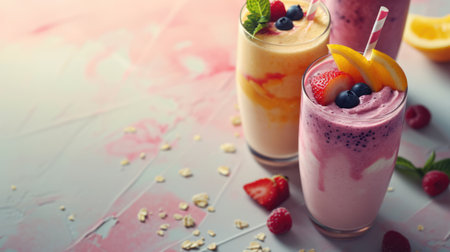 Fresh fruits and berries smoothie in a glass with free place for text. Healthy food concept background, bannerの素材