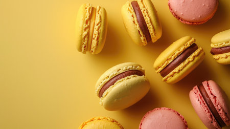 Colorful macarons sweet dessert on pastel background with free place for text. French cuisine, macaroon bakery conceptの素材