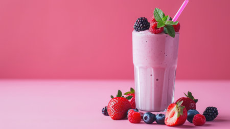 Fresh fruits and berries smoothie in a glass with free place for text. Healthy food concept background, bannerの素材