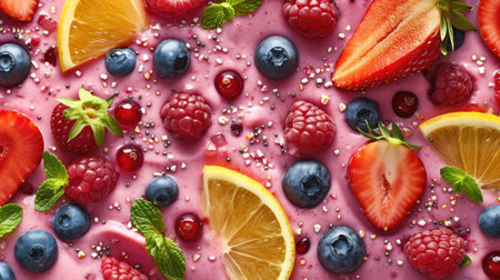 Fresh smoothie texture with berries and fruits. Close up top view of healthy shake background, bannerの素材