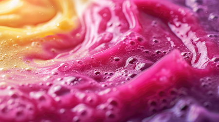 Fresh smoothie texture with berries and fruits. Close up top view of healthy shake background, bannerの素材