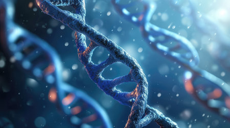 DNA helix model on blurred background with free place for text. Genome studies, medical research science bannerの素材