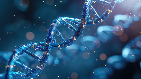 DNA helix model on blurred background with free place for text. Genome studies, medical research science bannerの素材