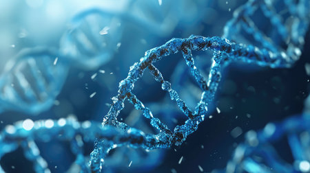 DNA helix model on blurred background with free place for text. Genome studies, medical research science bannerの素材