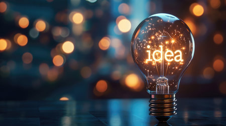 Light bulb with glowing Idea text on blurred bokeh background with free place. Education, solution, business, thought, brainstorming conceptの素材