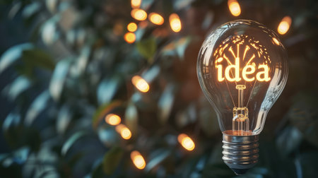 Light bulb with glowing Idea text on blurred bokeh background with free place. Education, solution, business, thought, brainstorming conceptの素材