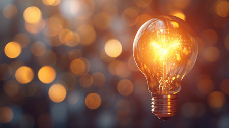 Glowing light bulb on blurred bokeh background with free place for text. Education, idea, thought, brainstorming conceptの素材