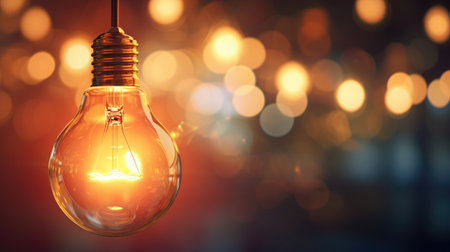 Glowing light bulb on blurred bokeh background with free place for text. Education, idea, thought, brainstorming conceptの素材