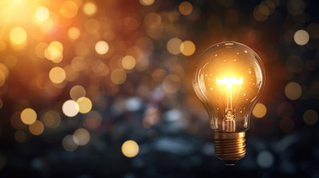 Glowing light bulb on blurred bokeh background with free place for text. Education, idea, thought, brainstorming conceptの素材