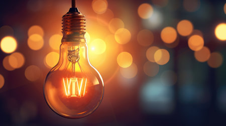 Glowing light bulb on blurred bokeh background with free place for text. Education, idea, thought, brainstorming conceptの素材