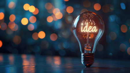 Light bulb with glowing Idea text on blurred bokeh background with free place. Education, solution, business, thought, brainstorming conceptの素材