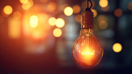 Glowing light bulb on blurred bokeh background with free place for text. Education, idea, thought, brainstorming conceptの素材