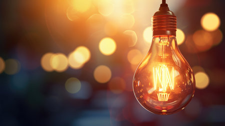 Glowing light bulb on blurred bokeh background with free place for text. Education, idea, thought, brainstorming conceptの素材