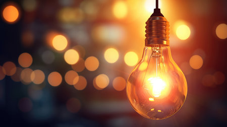 Glowing light bulb on blurred bokeh background with free place for text. Education, idea, thought, brainstorming conceptの素材
