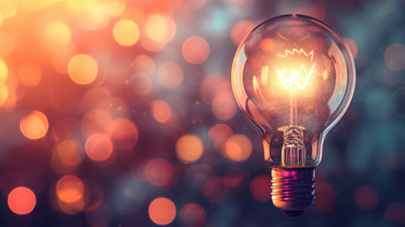 Glowing light bulb on blurred bokeh background with free place for text. Education, idea, thought, brainstorming conceptの素材