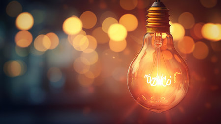 Glowing light bulb on blurred bokeh background with free place for text. Education, idea, thought, brainstorming conceptの素材