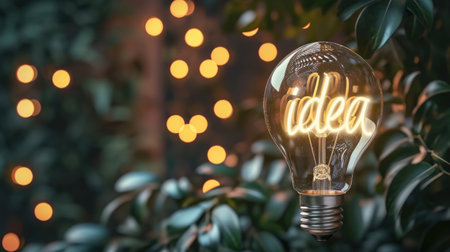 Light bulb with glowing Idea text on blurred bokeh background with free place. Education, solution, business, thought, brainstorming conceptの素材