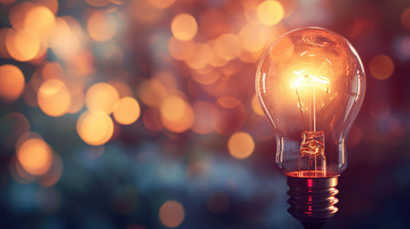 Glowing light bulb on blurred bokeh background with free place for text. Education, idea, thought, brainstorming conceptの素材