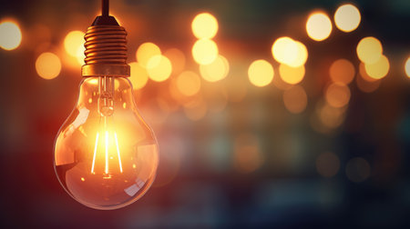 Glowing light bulb on blurred bokeh background with free place for text. Education, idea, thought, brainstorming conceptの素材