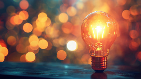 Glowing light bulb on blurred bokeh background with free place for text. Education, idea, thought, brainstorming conceptの素材