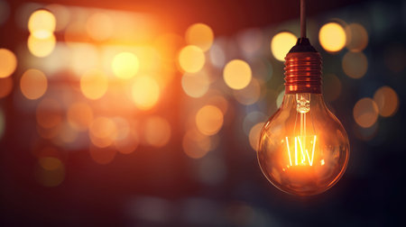 Glowing light bulb on blurred bokeh background with free place for text. Education, idea, thought, brainstorming conceptの素材